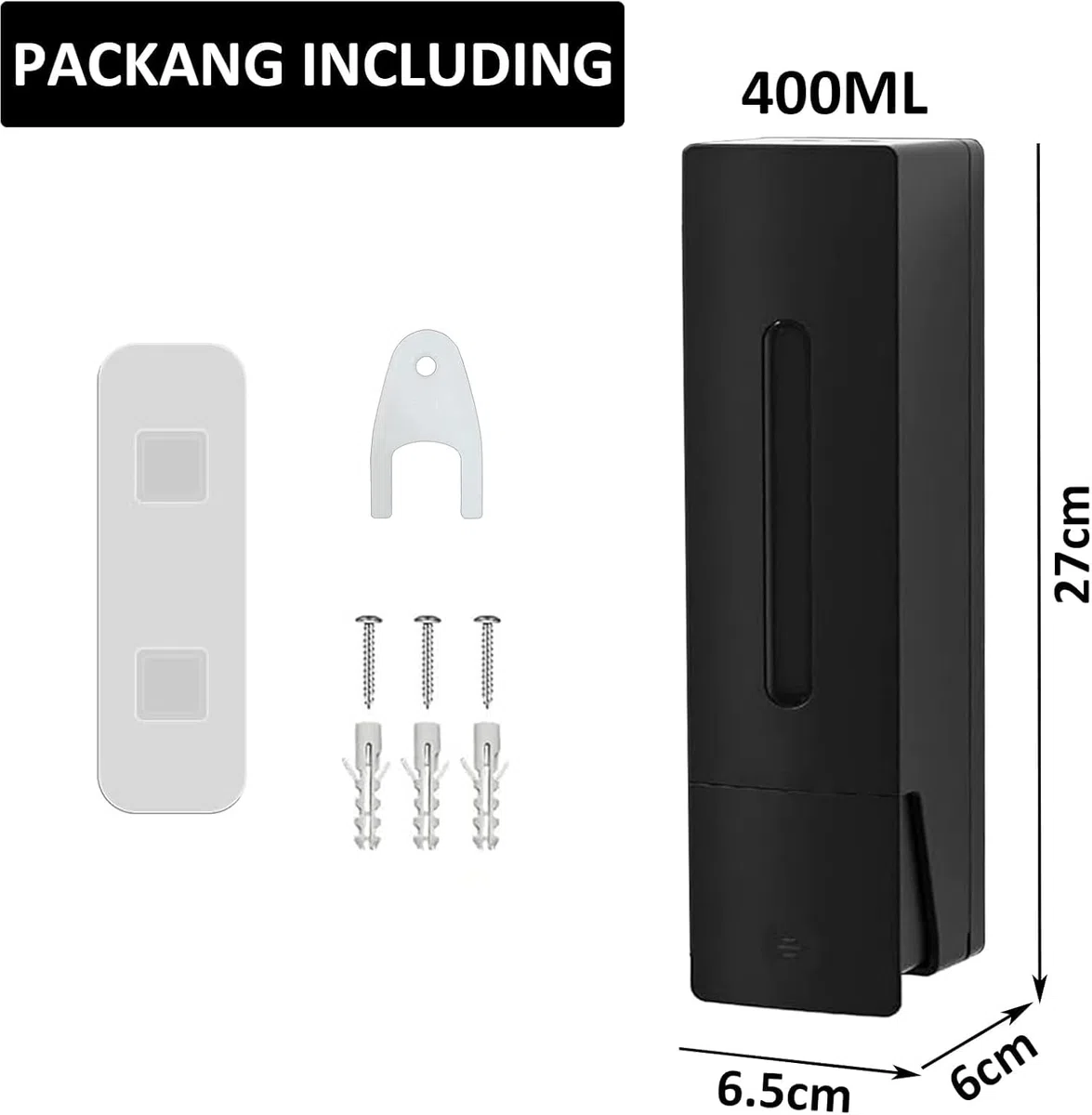 Dispenser per sapone a mano singolo, montato a parete, 400 ml, pompa per doccia nera, distributore di sapone liquido trasparente ricaricabile, montaggio senza fori con colla o fissaggio a parete con