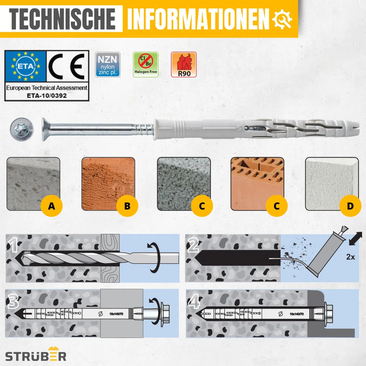 STRÜBER Tasselli per telaio con vite Torx a testa svasata (8x80 mm / 100 pezzi) - Fissaggio in nylon per telai di finestre e porte - Certificazione ETA