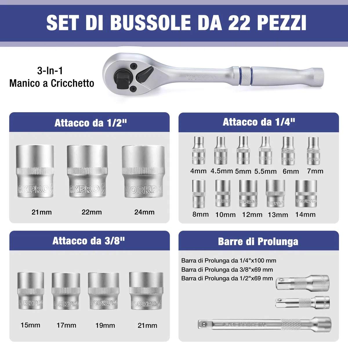 WORKPRO Set di Chiavi a Bussola da 22 Pezzi, con Chiave a Cricchetto 3 in 1, Chiavi a Bussola da 1/4", 3/8", 1/2", Barra di Prolunga, 72 Denti, con Custodia
