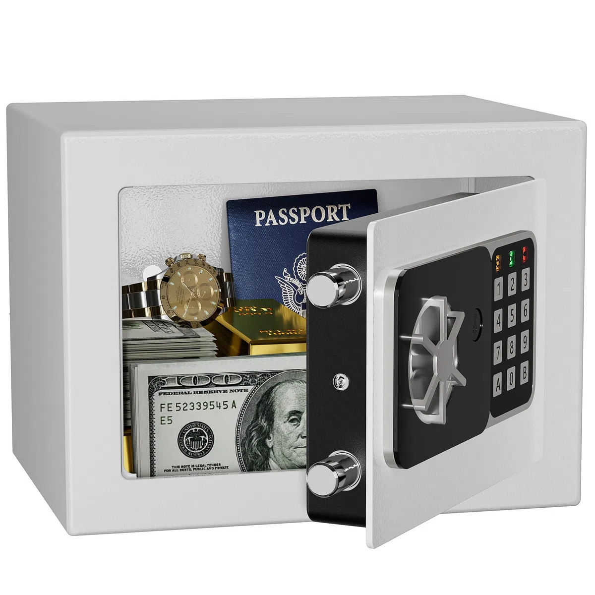 Cassaforte digitale da 6,8 l, piccola cassaforte per casa, cassetta di sicurezza elettronica, cassaforte da parete con 2 chiavi, mini cassaforte 23 x 17 x 17 cm, bianco