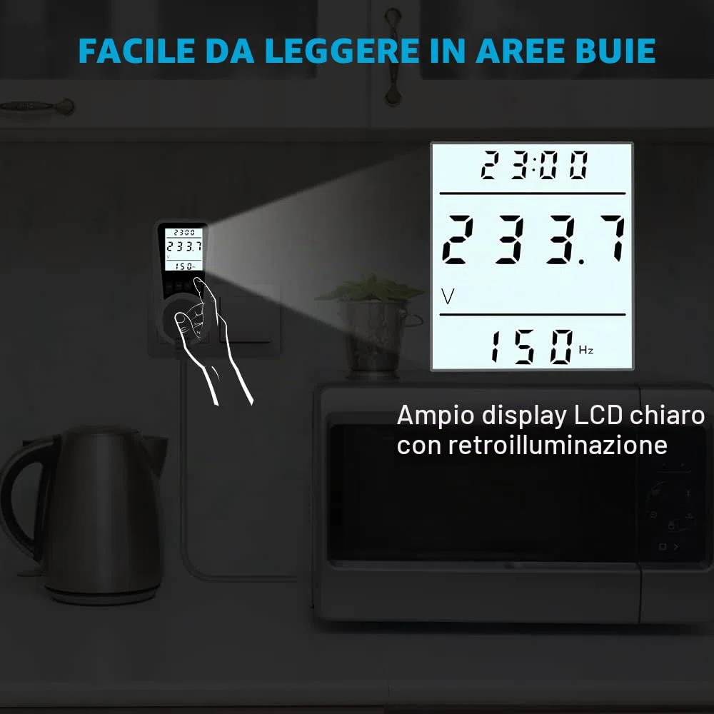 Flintronic Misuratore Consumo Elettrico, Misuratore di Potenza con 16A/3680W Protezione da Sovraccarico, 7 Modalità di Monitoraggio, con display LCD retroilluminato, Wattmetro Misura Consumo