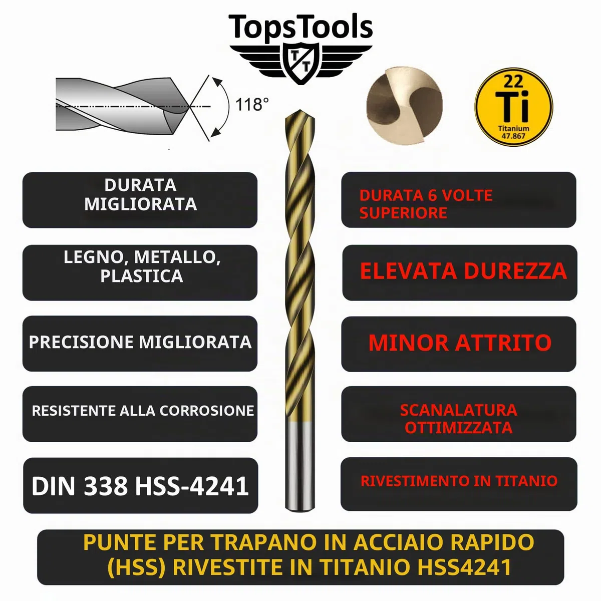 100 punte elicoidali TopsTools TT100TW 1 mm - 10 mm, dimensioni miste, rivestite in titanio HSS, scatola di immagazzinaggio per legno, plastica, rame, ottone, compatibile con Bosch e molti altri