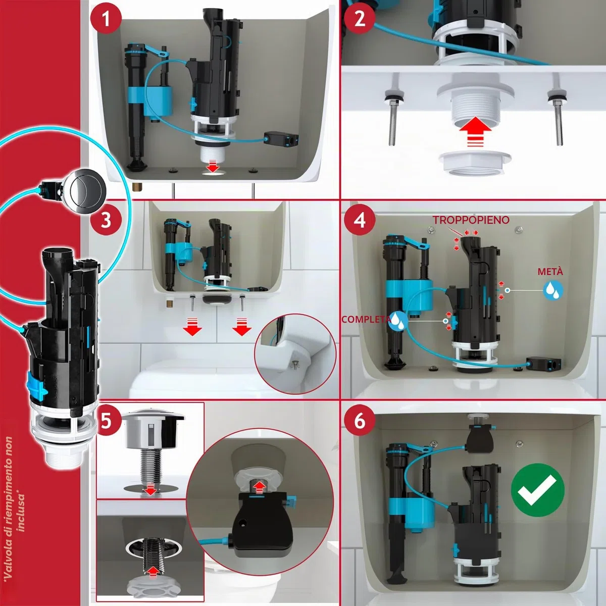 SPARES2GO Kit Valvola Universale Per WC a Doppio Scarico da 1,5" e 2" con Pulsante Per Cassetta WC (cavo da 570 mm)