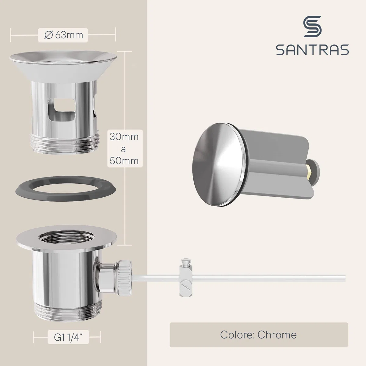 SANTRAS® PREMIUM set di scarico eccentrico per lavabo con protezione di troppopieno in cromo - set completo di troppopieno con tappo di scarico in 1 ¼ per rubinetto con raccordo a tirante