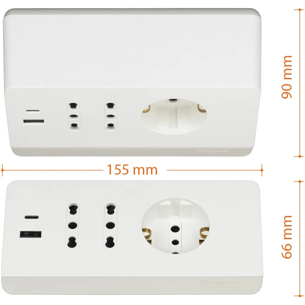 BTICINO Ciabatta Multipresa Elettrica 5 Posti, 2 Prese USB 3A, 1 Polivalente Schuko 10/16A e 2 Bipasso 10/16A, Multipresa da Scrivania con Interruttore e Cavo 2m Spina 16A, Robusta e Funzionale,Bianco