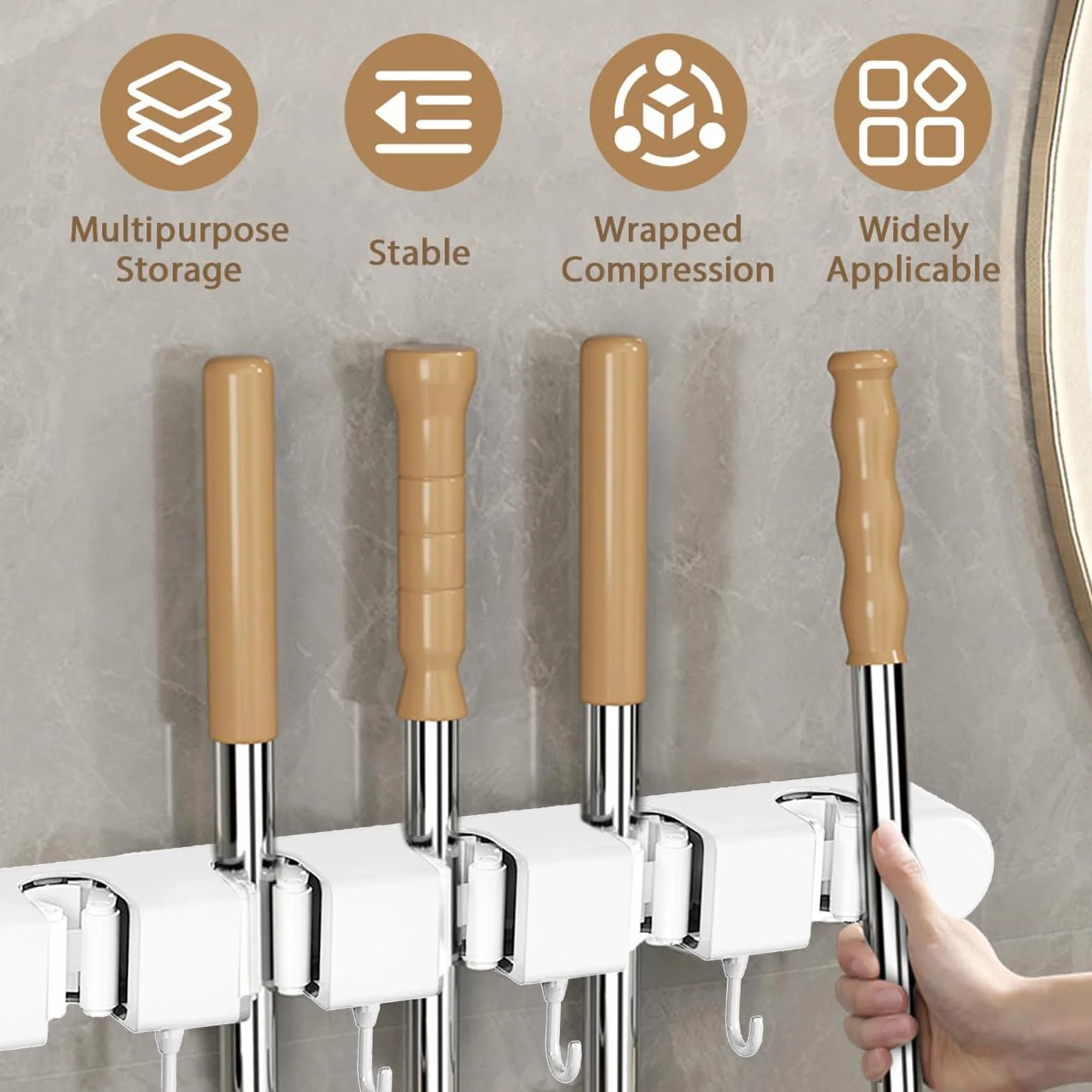 Porta Scope Parete, Portascope da Muro, con 5 Supporti 6 Ganci, Autoadesivo Appendi Scope a Muro, Ganci Porta Attrezzi Giardino, Portascope Muros Appendibile, per Cucina, Garage, Bagno(Bianco)