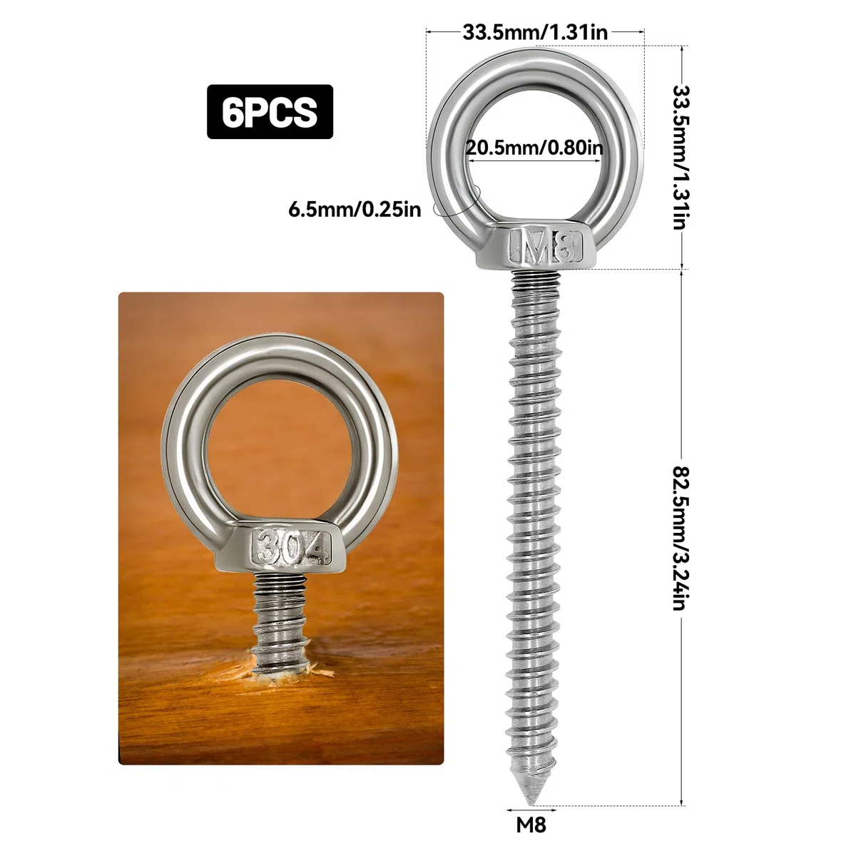 6 viti autofilettanti con occhiello in acciaio inox resistente M8, vite ad anello in legno, vite per occhi m8, ganci robusti per amache, sedie a dondolo, tenda da sole
