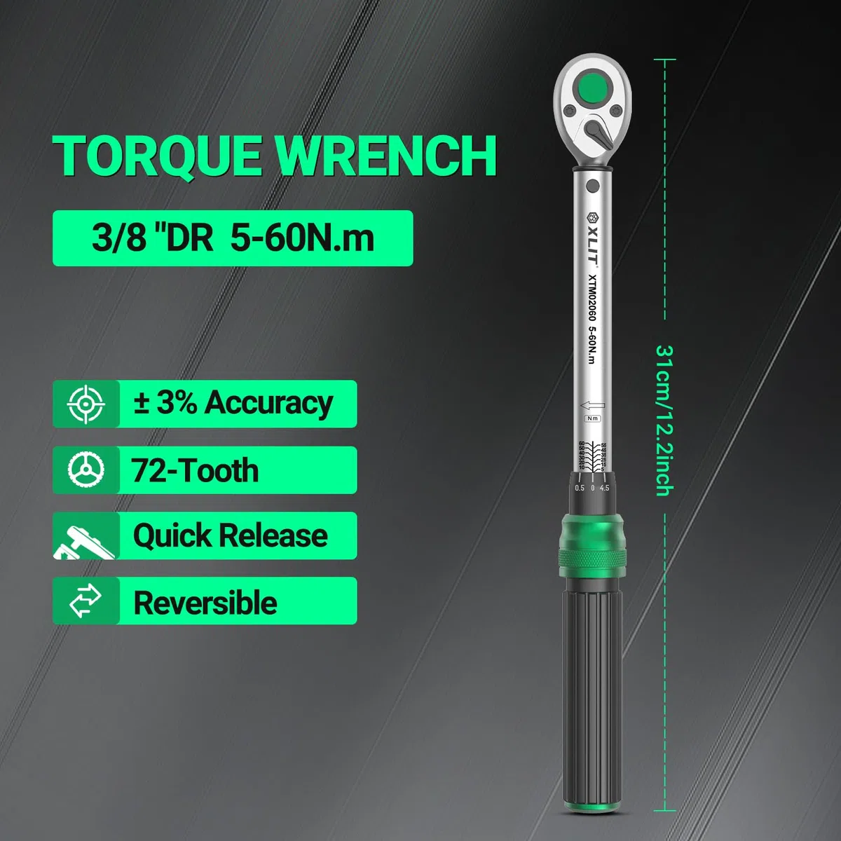 Chiave dinamometrica 3/8 pollici, 5-60 Nm ±3% di precisione – 72 denti cricchetto in acciaio al cromo vanadio con scatola di conservazione per auto, moto, bicicletta, manutenzione veicoli e