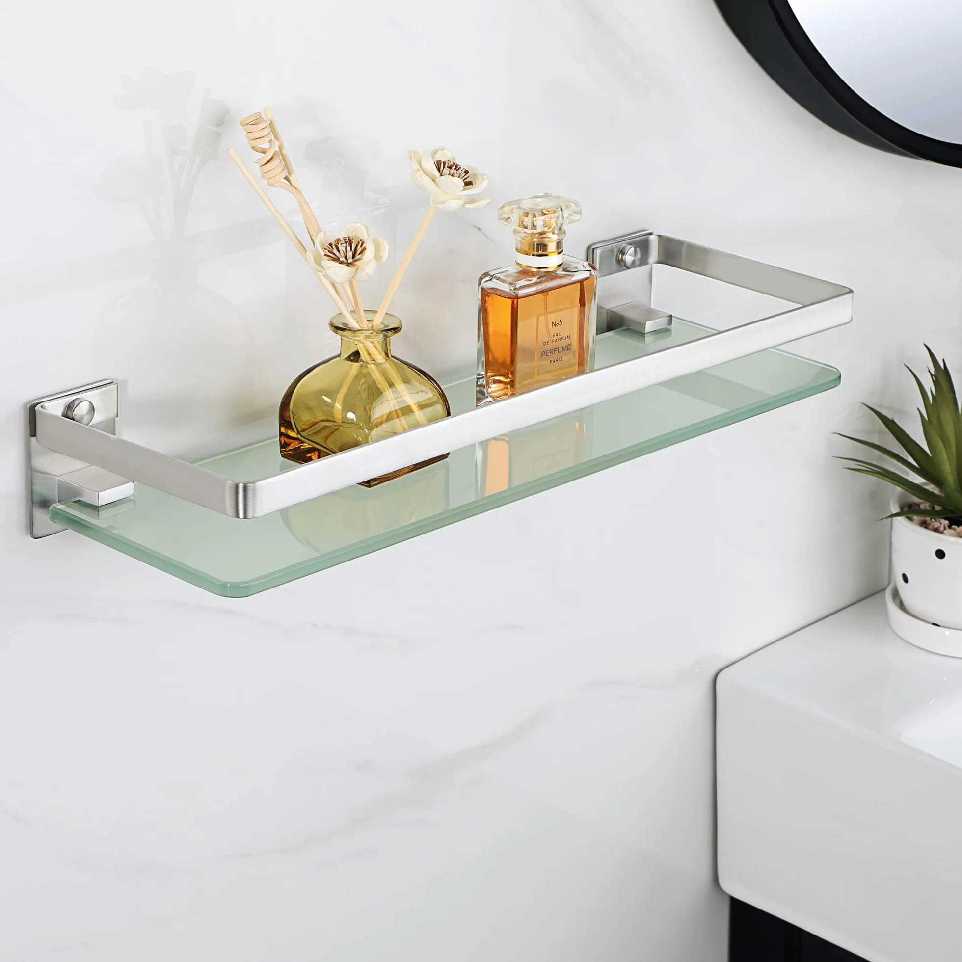 SAYAYO Mensola Doccia Vetro Mensole Bagno Vetro da Parete, in Acciaio Inox 304, Vetro Temperato Spesso con Supporto Argento 38CM, per Cucina Bagno, EGDL1001-LS
