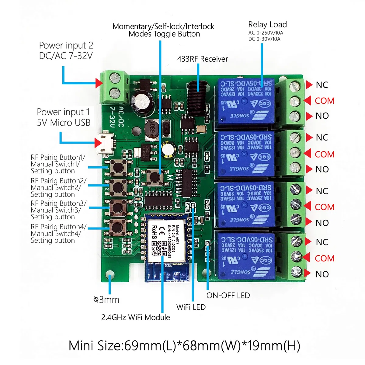 Interruttore intelligente WiFi 4 canali modulo relè momentaneo/autobloccante/interbloccante Telecomando App Tuya Smart Life con telecomando RF a 433 MHz Compatibile con Alexa Google Assiatant