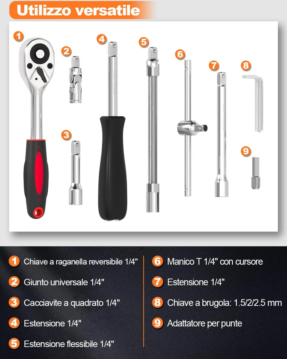Set di Chiavi a Cricchetto, Chiavi a Bussola 1/4"-46 Pezzi, Adatto per Lavori su Biciclette e Automobili