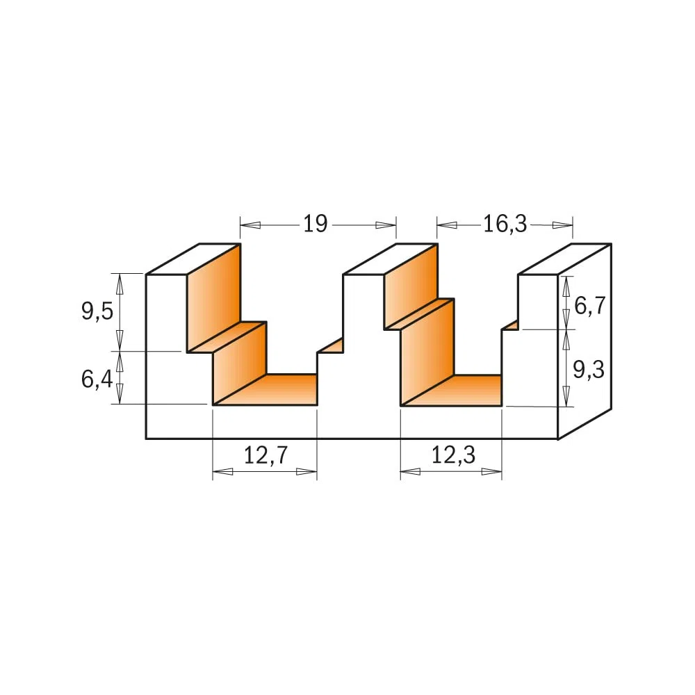 Cmt - 965.122.11 - fresa doppio canale hw z2 s=8 d=12.3x9.3/16.3x6.7 l=80 dx