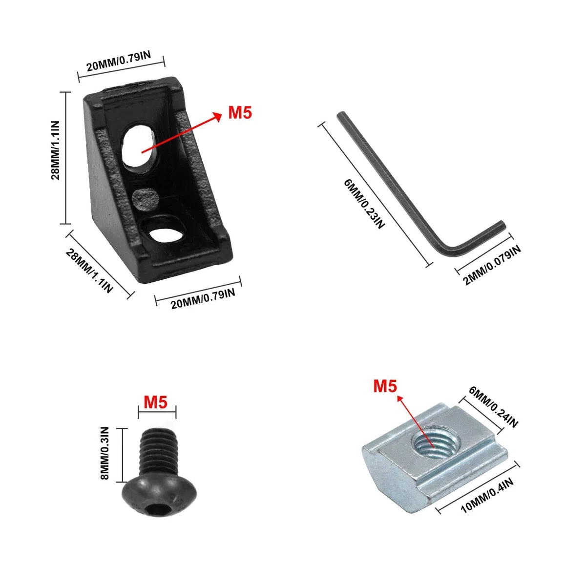 Set di 26 staffe angolari 2020 con 52 dadi a T M5, 52 viti a testa esagonale M5 x 8 mm e 2 chiavi M3 per profilo di estrusione in alluminio serie 2020 nero