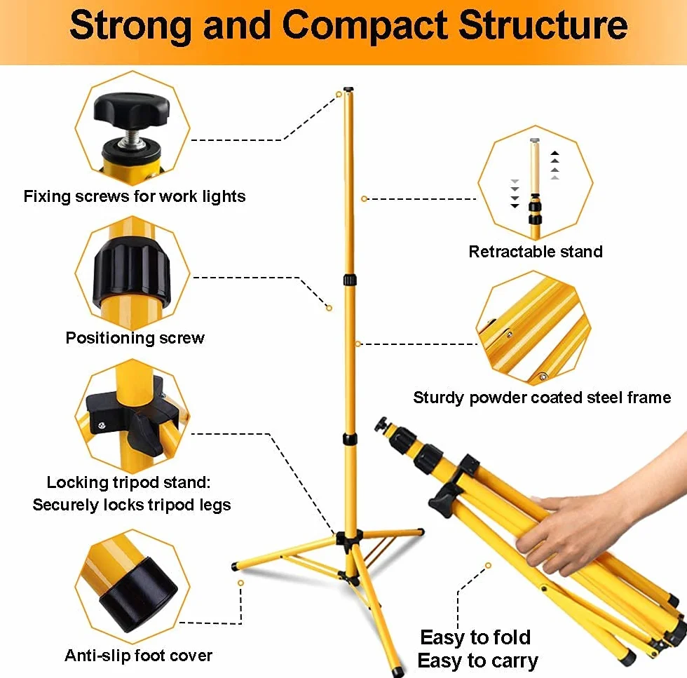 Gimisgu Treppiede telescopico, Treppiede per faretti LED per lavoro luce cantiere Flood, Proiettori Trepiede LED, Altezza regolabile fino a 1,60 m Giallo-Staffa Singola