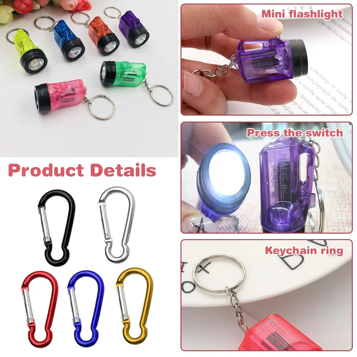 30 mini torcia tascabile portachiavi torcia a LED per campeggio, attività all'aperto, escursioni, regalo per feste con 5 moschettoni