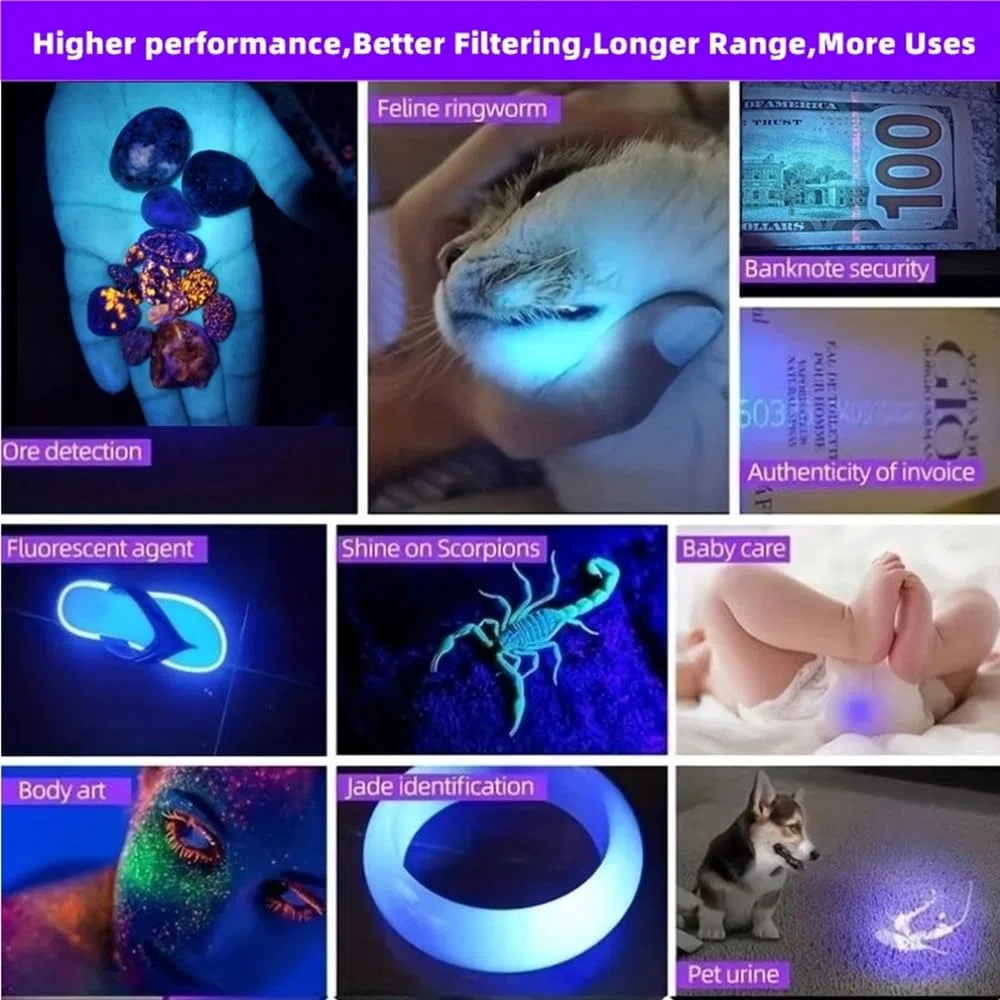 Alonefire SV143 Torcia UV LED Professionale 10W 365nm USB C Ricaricabile Potente Lampada Ultravioletti per Resina, Pesca, Rilevatore di Urina, Minerali con Occhiali Protettivi UV, Batteria