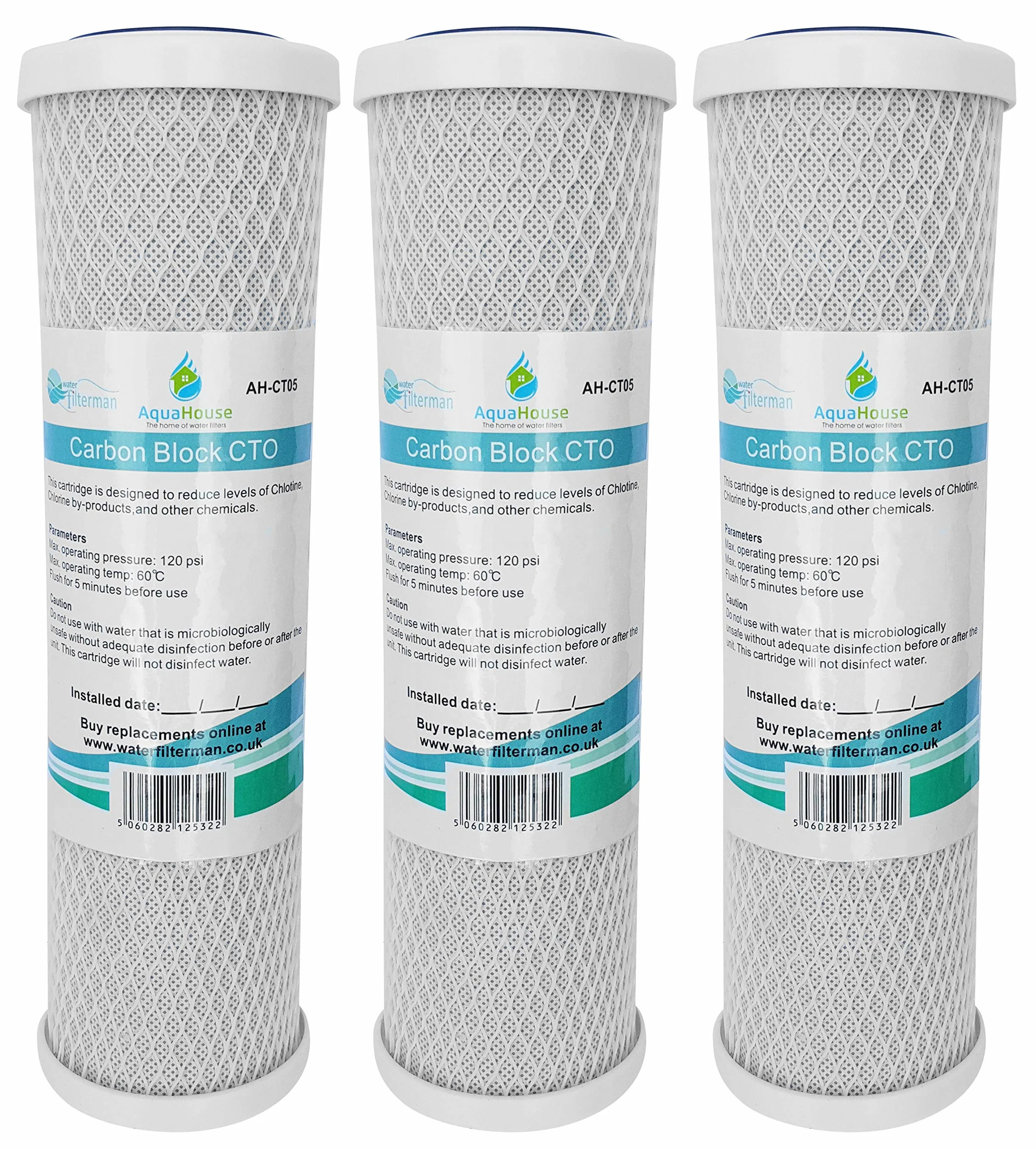 3x AquaHouse AH-CTO5 10 "Carbon Block Filtro ad acqua per acqua potabile, sistemi ad osmosi inversa, adatta a tutti gli alloggiamenti a filtro da 10"