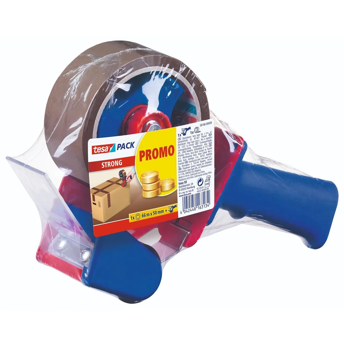 Tesa Confezione Strong e dispenser manuale in set con 1 rotolo di nastro adesivo silenzioso per pacchetti, marrone, 66 m x 50 mm