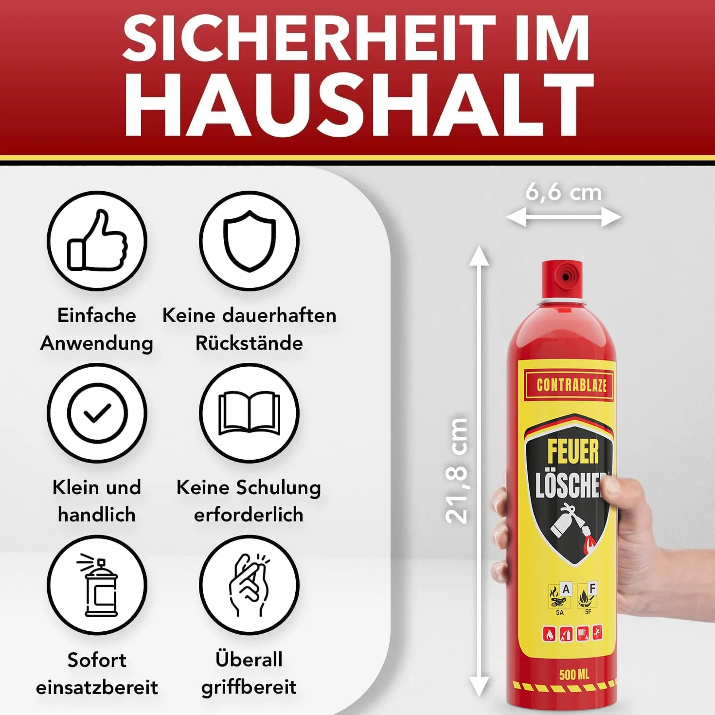 Estintore spray per uso domestico, 500 ml, per una maggiore sicurezza nella vita quotidiana, ideale per casa, cucina e auto, efficacia testata contro incendi a grasso e incendi elettrici fino a 1000 V