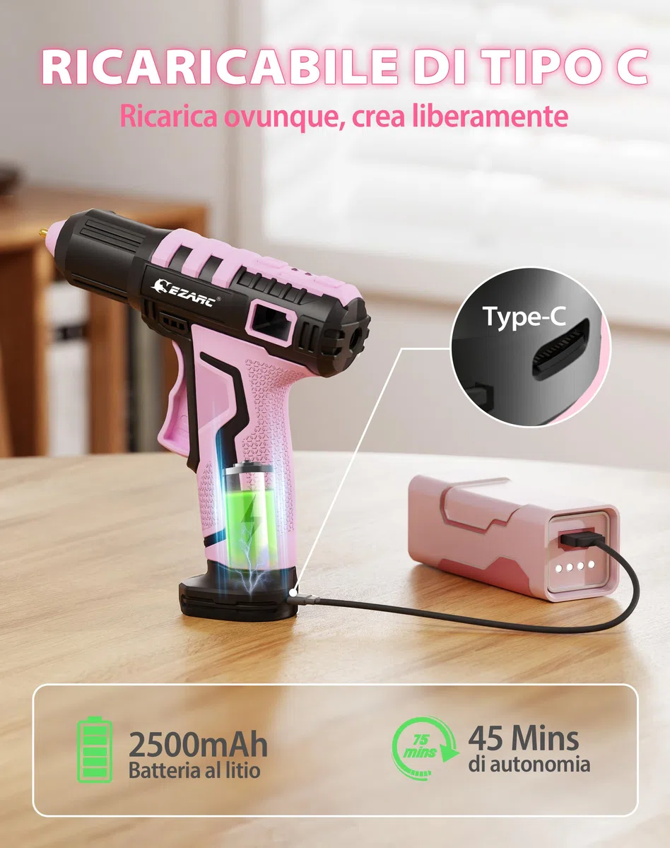 EZARC Pistola per Colla Calda Senza Fili, Riscaldamento Rapido in 15s, Pistola per Colla Calda con Batteria Set con Batteria al Litio da 2500 mAh & 30 Bastoncini per Arte, Artigianato, Decorazioni