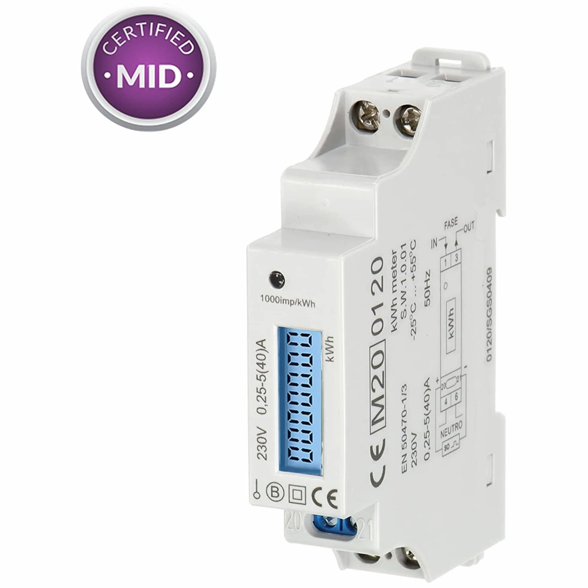Contatore Energia Elettrica Monofase 1 Modulo 40A MID Illuminato DIN TH-35mm, Contatore a Defalco/Contatore di Sottrazione