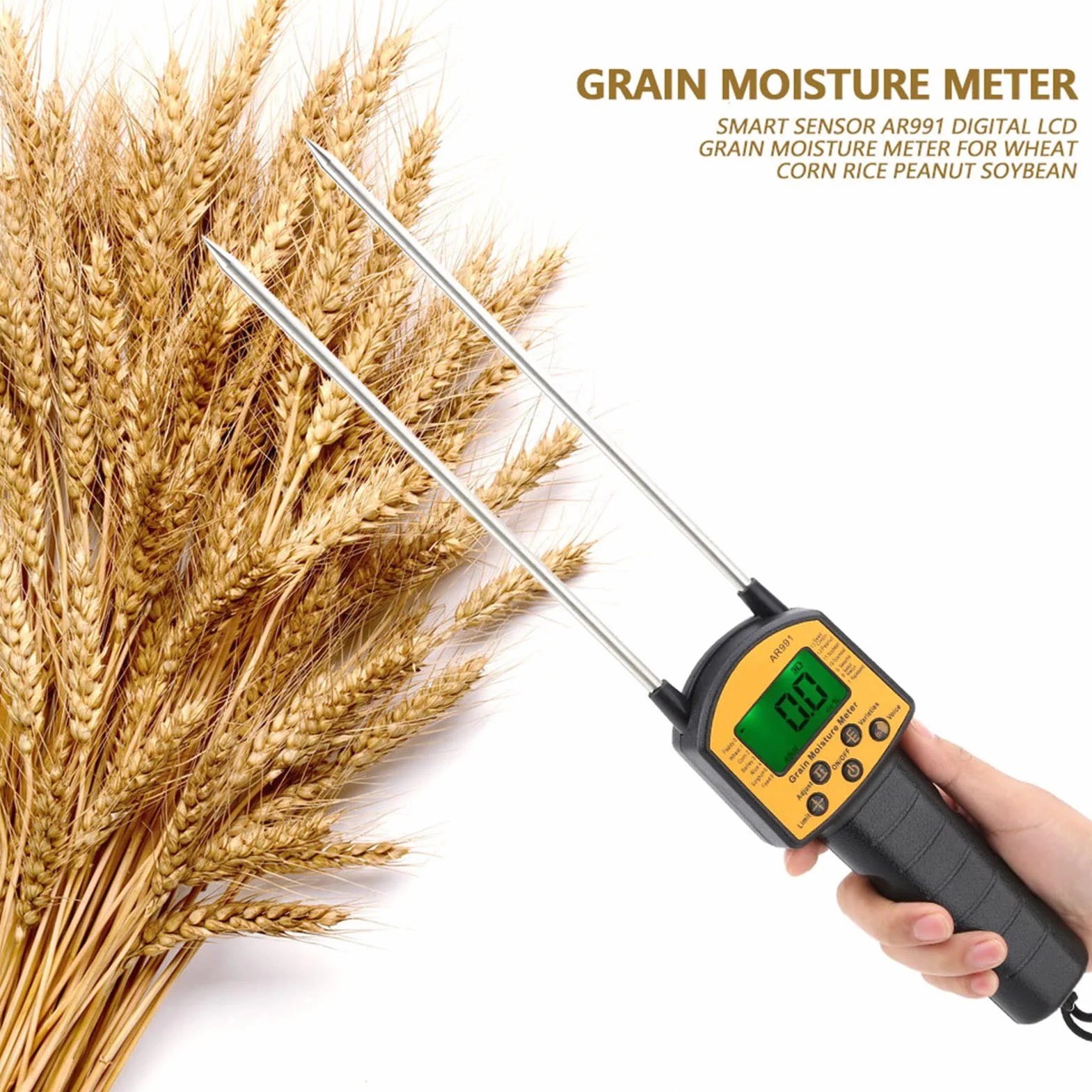 Misuratore di Umidità Digitale LCD Portatile con Sensore Intelligente e Sonda in Acciaio a Doppia Punta per Cereali e Fieno