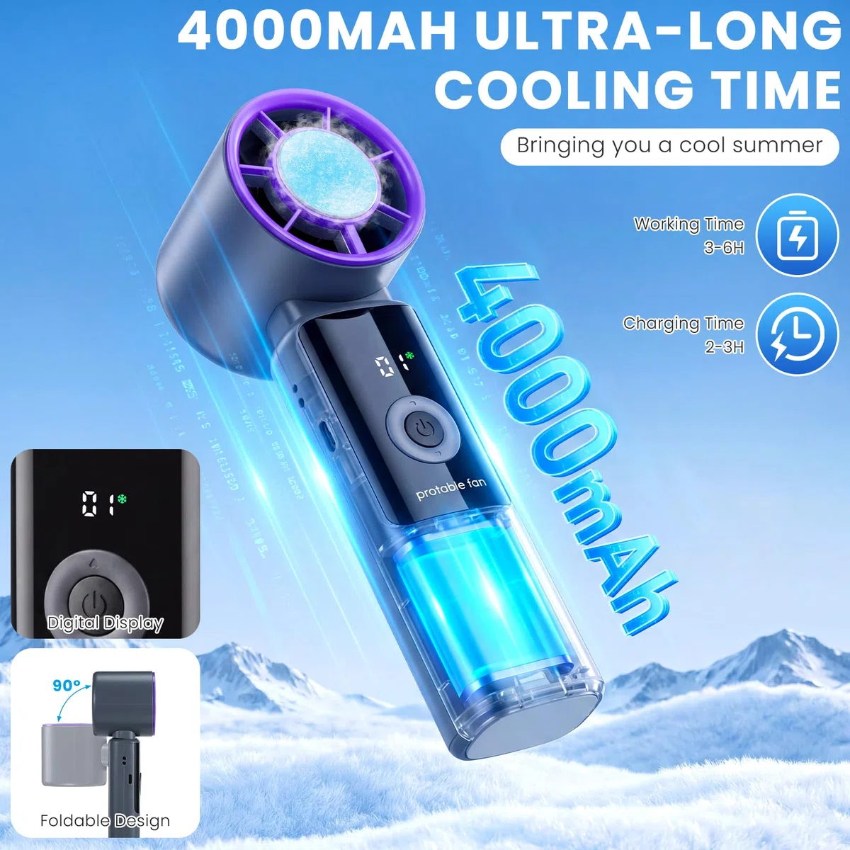 Mini Ventilatore Portatile Turbo 5 Velocità Ventilatore a Mano Raffreddamento Batteria 4000mAh Ventilatore Ricaricabile Pieghevole per Ufficio Viaggi Esterni Interni Aperto Campeggio