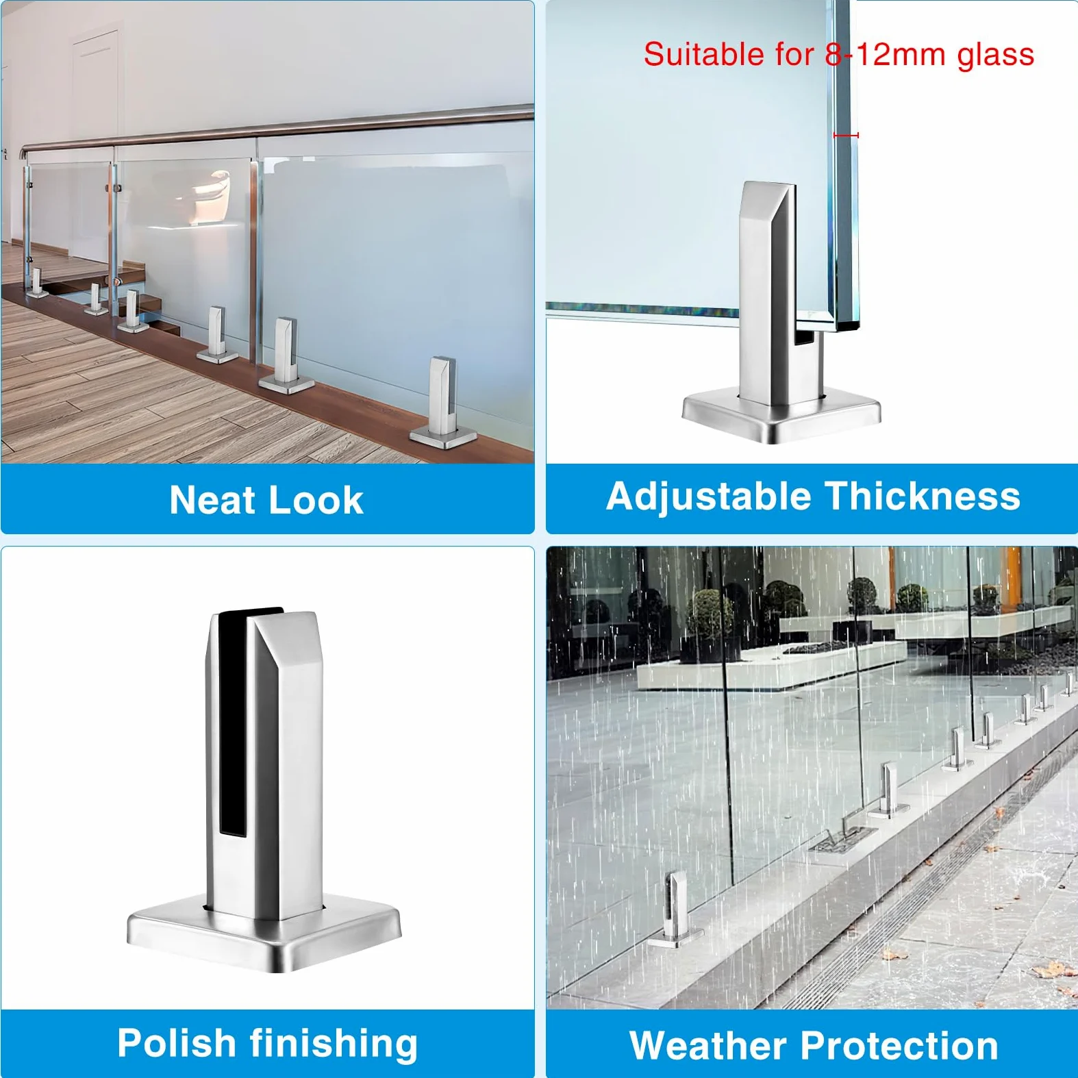 Morsetto per Vetro da Pavimento, Morsetto per Vetro in Acciaio Inox per Vetro da 8-12 Mm/0,3-0,5" di Spessore, supporto in vetro regolabile per Piscina, Scale, Balcone (Argento Opaco-1 Pack)