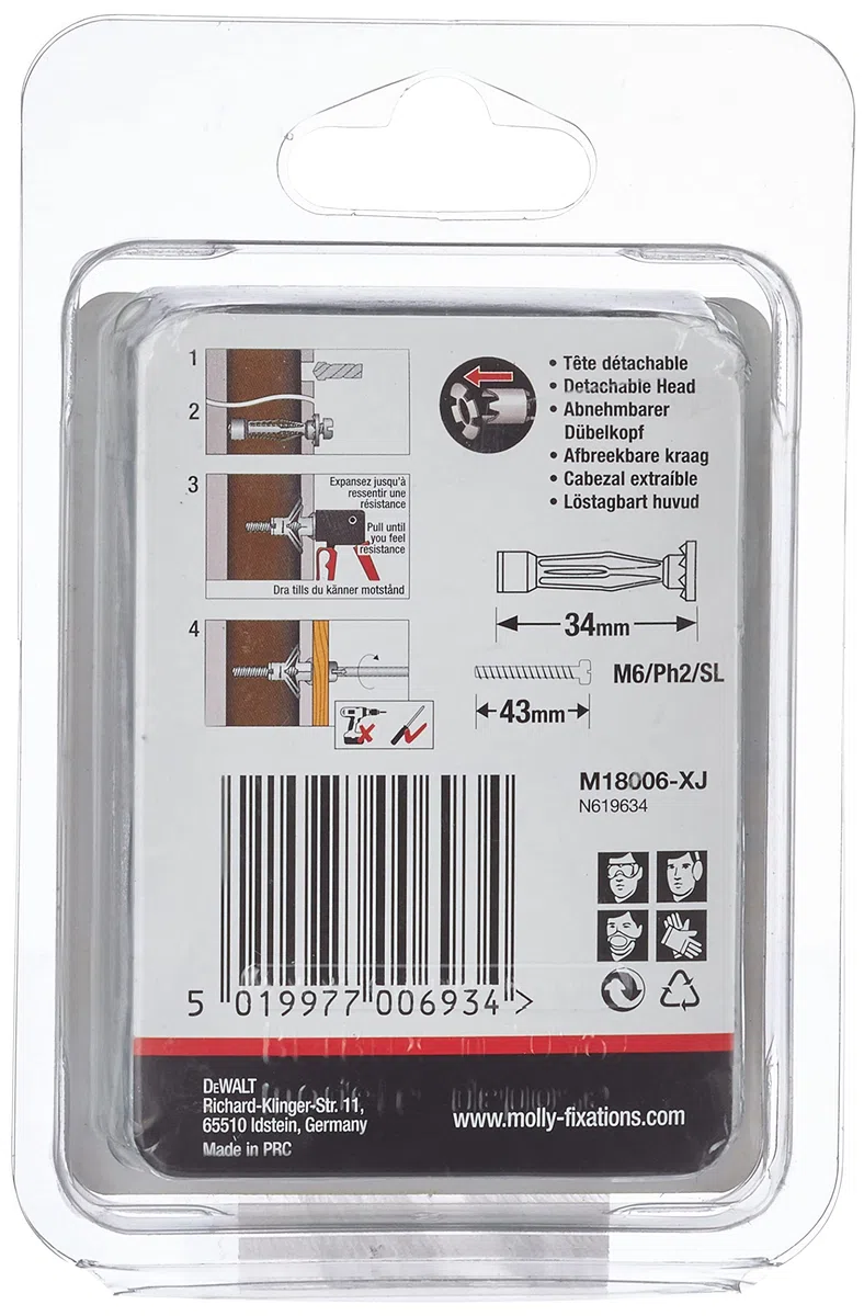 Molly m18006-xj tasselli metallici a espansione con vite M6 Ø 6 x 34 mm, Grigio, Set di 10 pezzi