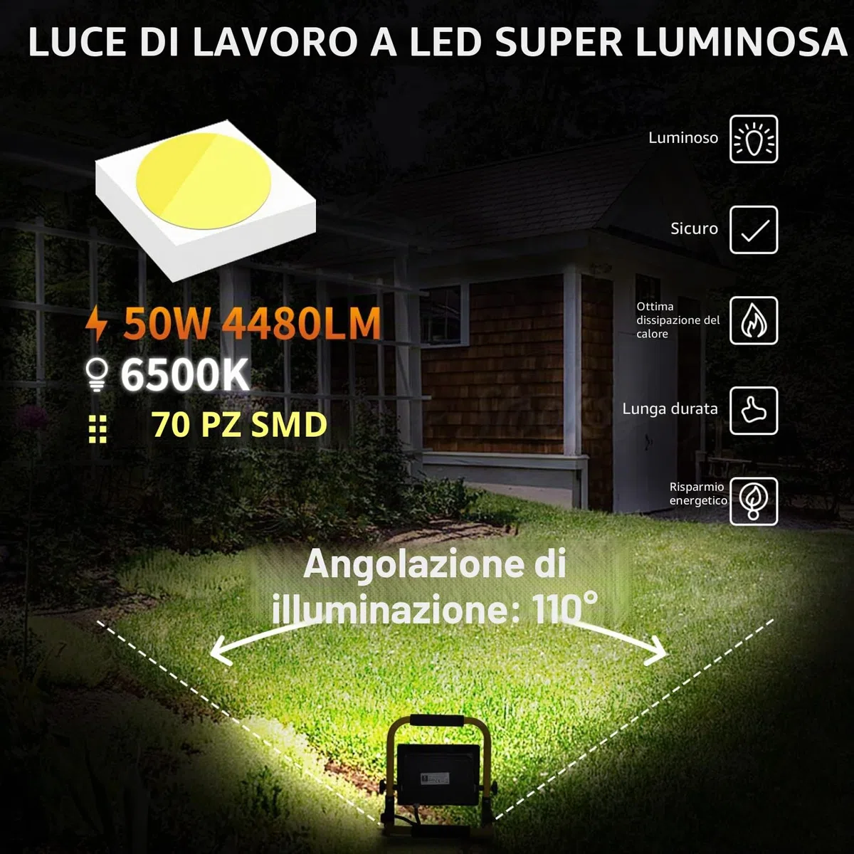 Aigostar - Faretto LED da Cantiere 50W,Super luminoso Faro LED con Spina,con staffa pieghevole, rotazione 360，portatile，Ideale per cantiere edile， officina， Garage