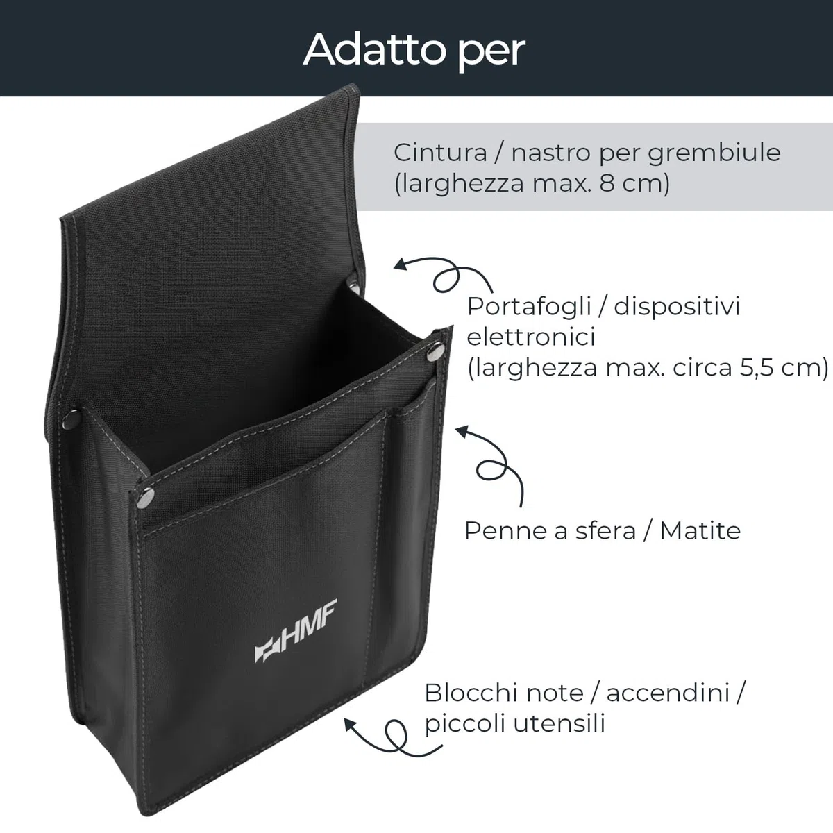 HMF Borsa da Cameriere professionale, Holster da cintura porta Portafoglio | 14 x 26 x 5,5 cm | Nero
