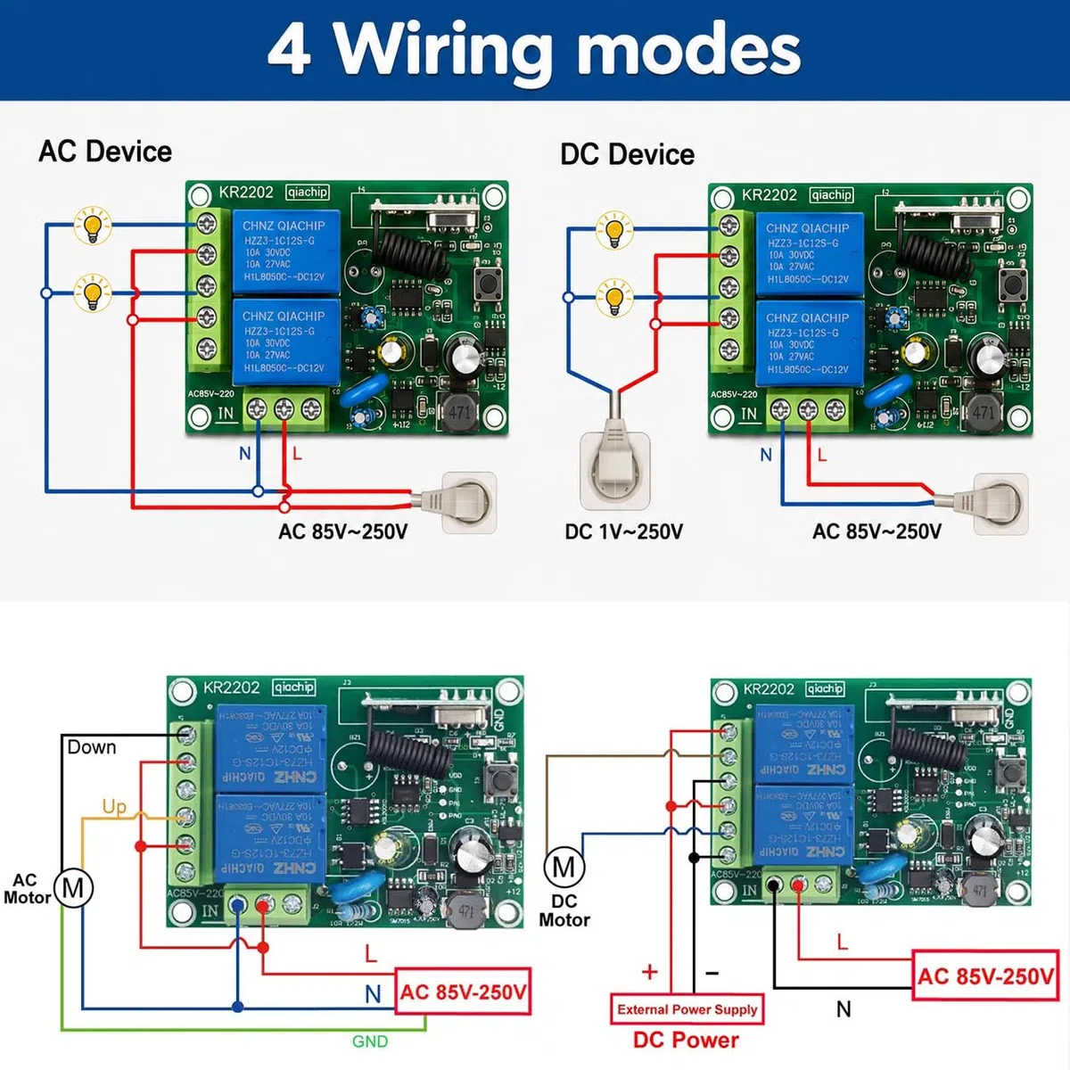 QIACHIP 433 MHz RF Radio Telecomando Interruttore 2 Canali AC 220V 230V Ricevitore relè senza fili con 4 Trasmettitori Controllo Remoto per motore porta garage tapparelle luce