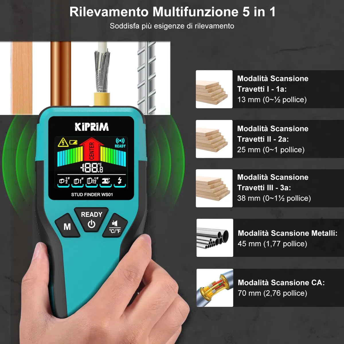 KIPRIM Stud Finder, 5 in 1 Rilevatore di Metalli e Travi, Profondità Metalli 45mm/AC Cavi 70mm, Rileva Legno (13/25/38mm), Schermo LCD, IP54 WS01