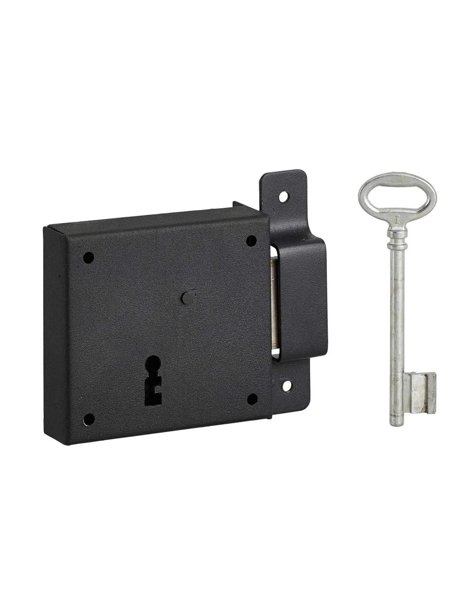 THIRARD - Serratura orizzontale a montaggio superficiale con chiave per porte di cantina, catenaccio singolo, apertura a destra, interasse 50 mm, 85x76 mm, nera, 1 chiave
