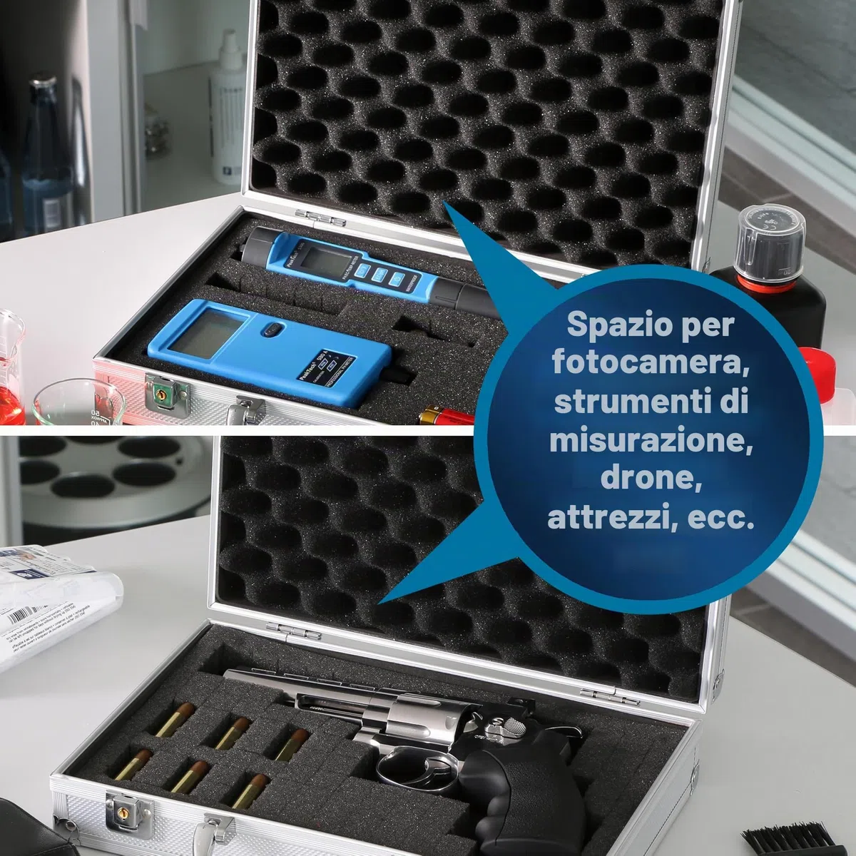 Peaktech 7255 - Custodia Universale per Strumenti di Misura, Custodia in Alluminio Resistente, Vano Porta Attrezzi, Imbottitura in Schiuma, con Lucchetto, Antipolvere, M - 295 x 195 x 70 mm