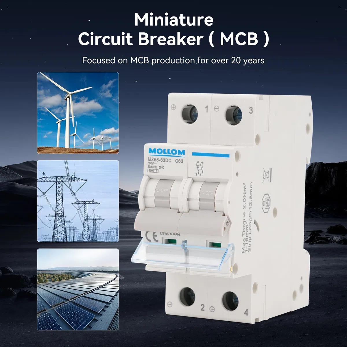 MOLLOM DC 2P Interruttore automatico miniaturo,400V 60A,nterruttore termomagnetico MCB personalizzato con visualizzazione della scena,capacità di interruzione 6KA per sistema PV solare