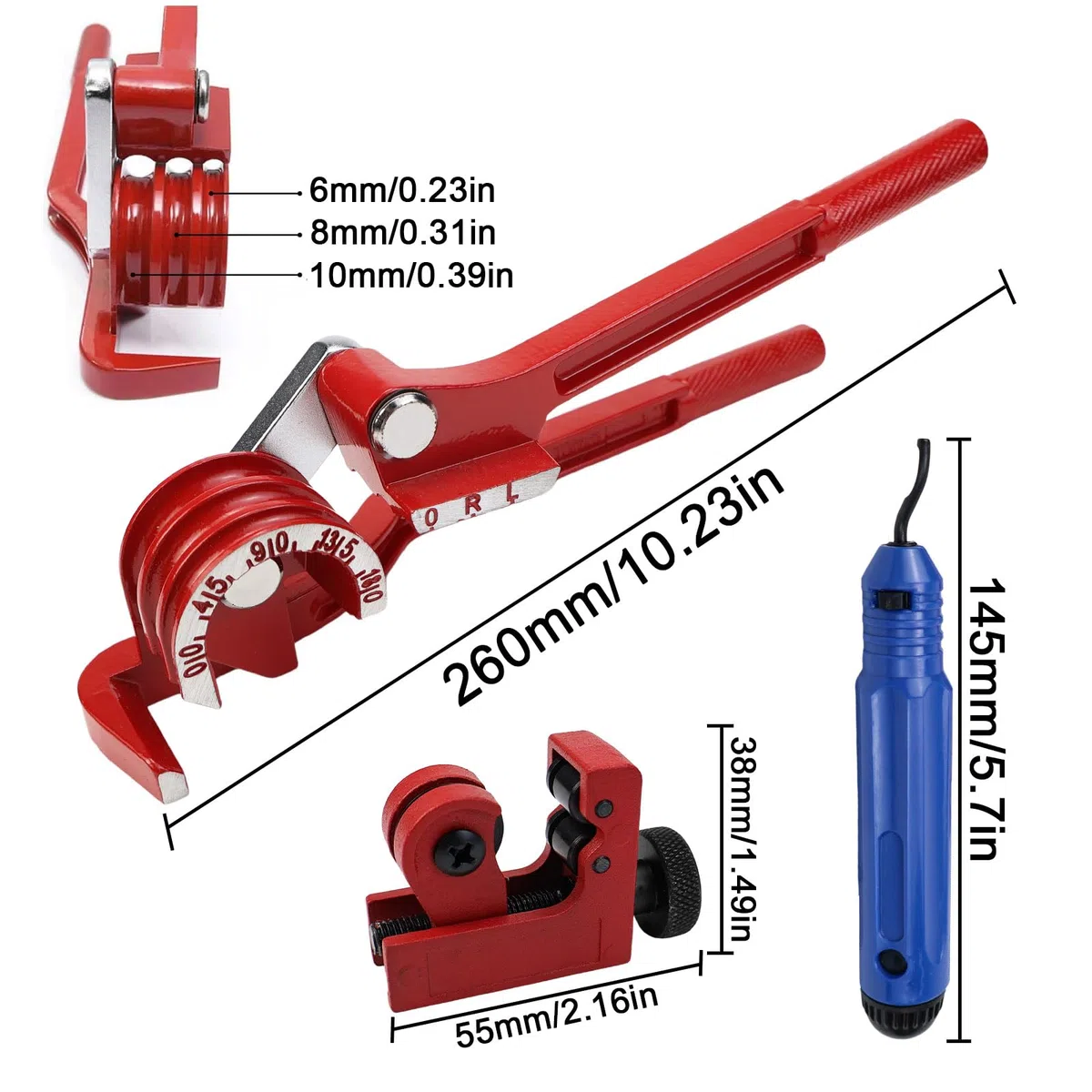 Curvatubi 3 in 1, 6 – 8 – 10 mm, 0 – 180 gradi, con tagliatubi e set di utensili per sbavatura (A)