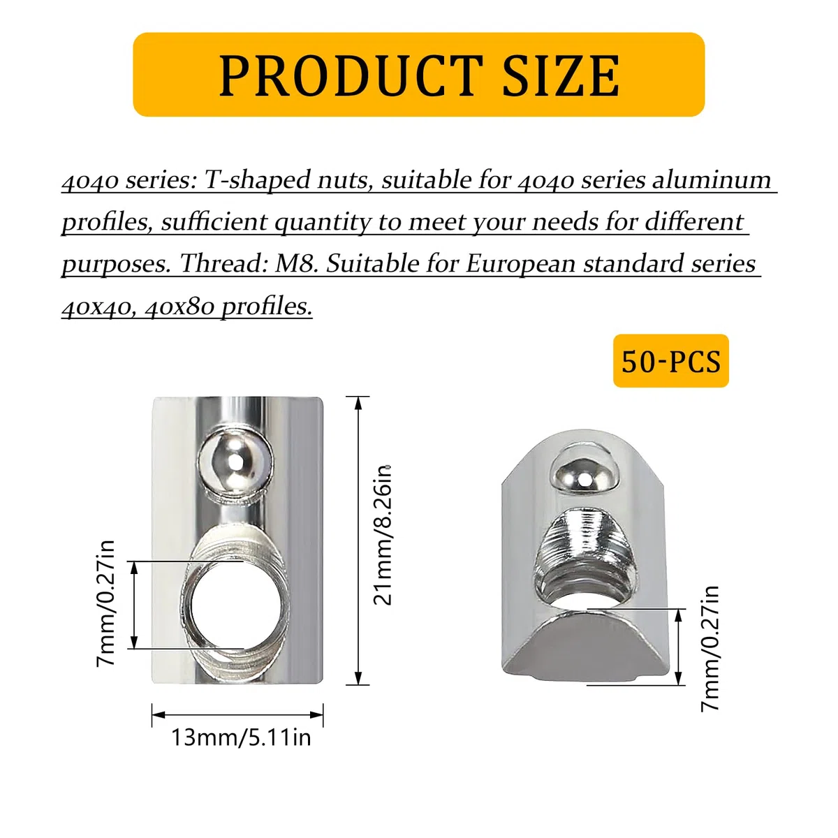 50 Pezzi Dado Scorrevole M8 Dadi Scorrevoli T-Nut con Sfera Dadi Scanalati a T M8 Nut Scanalatura di Estrusione Standard Serie 40 Profili in Alluminio per Morsetto Modulo Solare P