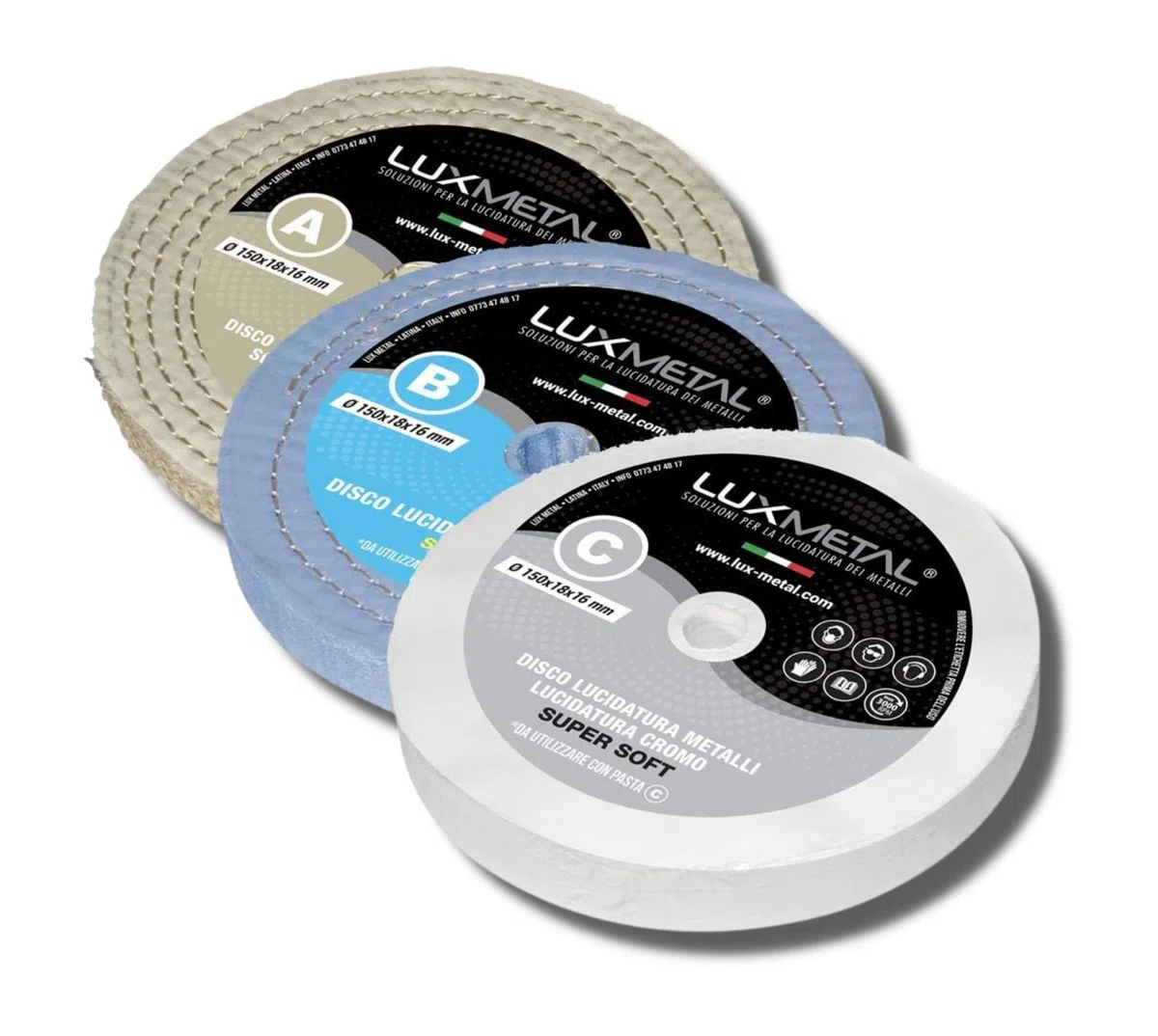 Lux Metal Kit 3 Disco Lucidatura 150 mm (A-B-C) Dischi In Cotone Set Lucidare A Specchio Acciaio Inox Metalli Alluminio Set Lucidante Per Trapano Mola Smerigliatrice Ottone Rame Legno Marmo Plexiglass