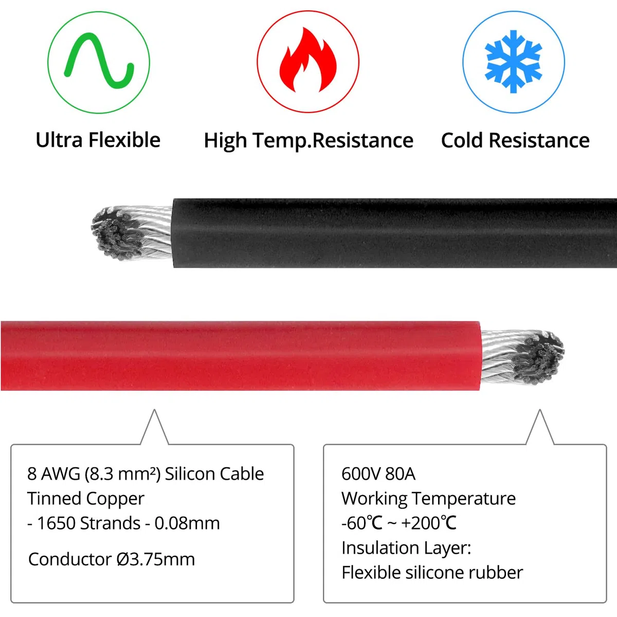 QWOK Cavo Elettrico 8 AWG 8,3 mm² - 2,5 m Nero 2,5 m Rosso - Filo Rivestito in Silicone Filo di Rame Stagnato 1650 Fili per RC Auto, Drone, Batteria Aereo, ecc