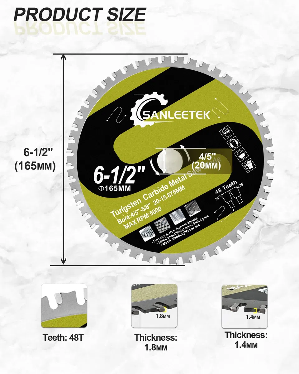 Lama per Sega Circolare 165mm - SANLEETEK TCT Metallo Disco da Taglio 48T per Acciaio Ferro Acciaio Inox Metalli Ferrosi Tubo Alesaggio 20mm x15,875 mm