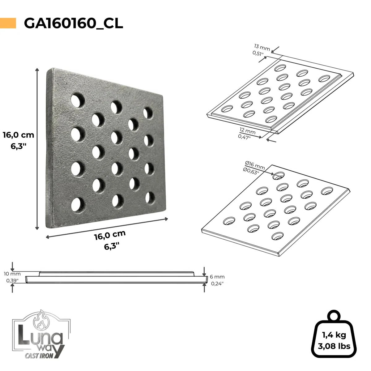 16 x 16 x 1 cm - Griglia in ghisa per raccolta cenere | Adatta per Camini e Stufe | Resistente | Design Moderno | 100% Ghisa qualità LUNAWAY