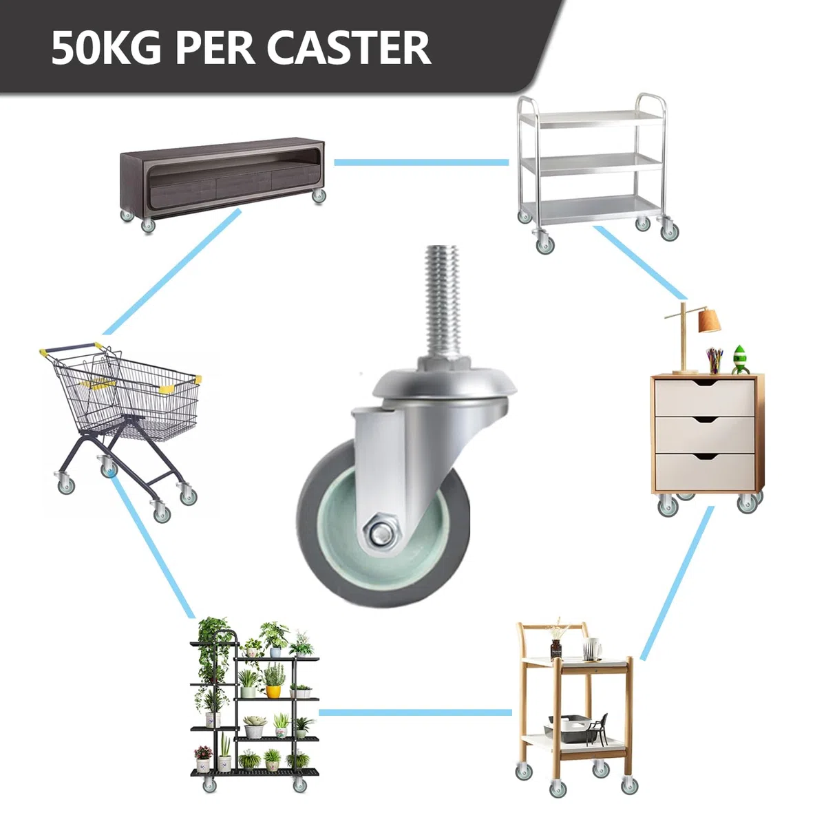 Set di 12 Ruote per Mobili da Perno Filettato M10 x 1,5 x 30 mm, Ruote per Carrello 50mm - Capacità 50 kg per Ruota, Silenziose e Resistenti Rotelle Girevoli a 360 Gradi per Tavolo, Armadio