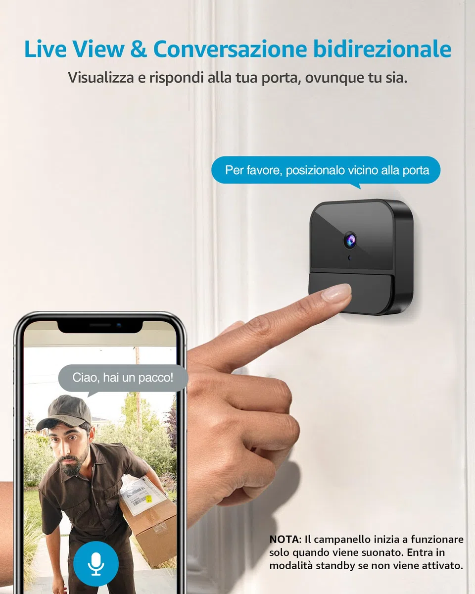 Videocitofono Senza Fili 1080P con Telecamera WiFi, Batteria Integrata, Visione Notturna, Audio Bidirezionale, Supporto SD Card e Cloud Storage, Nessun canone mensile (1)