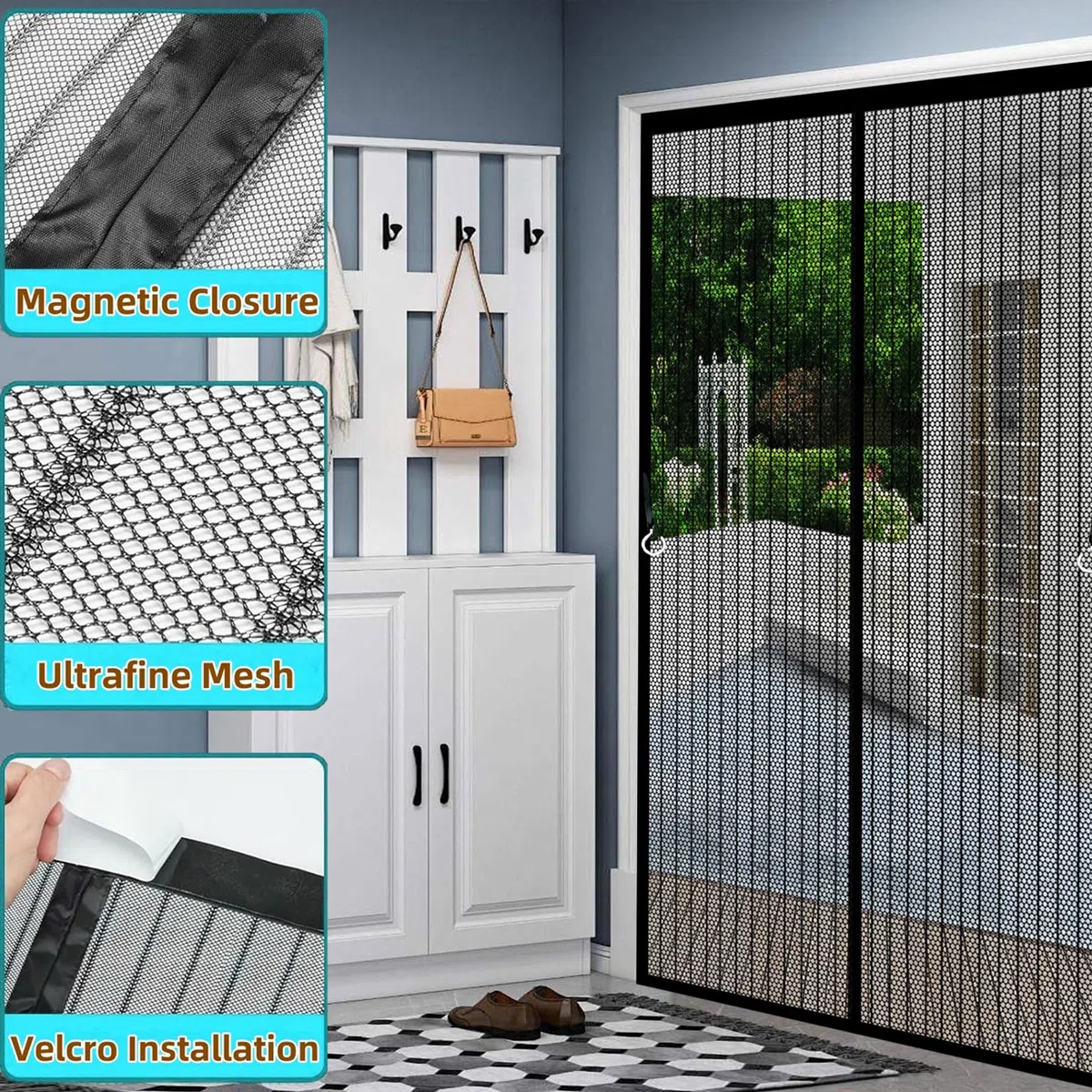 Zanzariera Magnetica 51 x 145 cm Rete Fine con Magneti Anti Zanzare Insetti Chiude da Sola Zanzariera Porta Finestra Facile da Installare per Porte da Balcone Terrazze, Nero