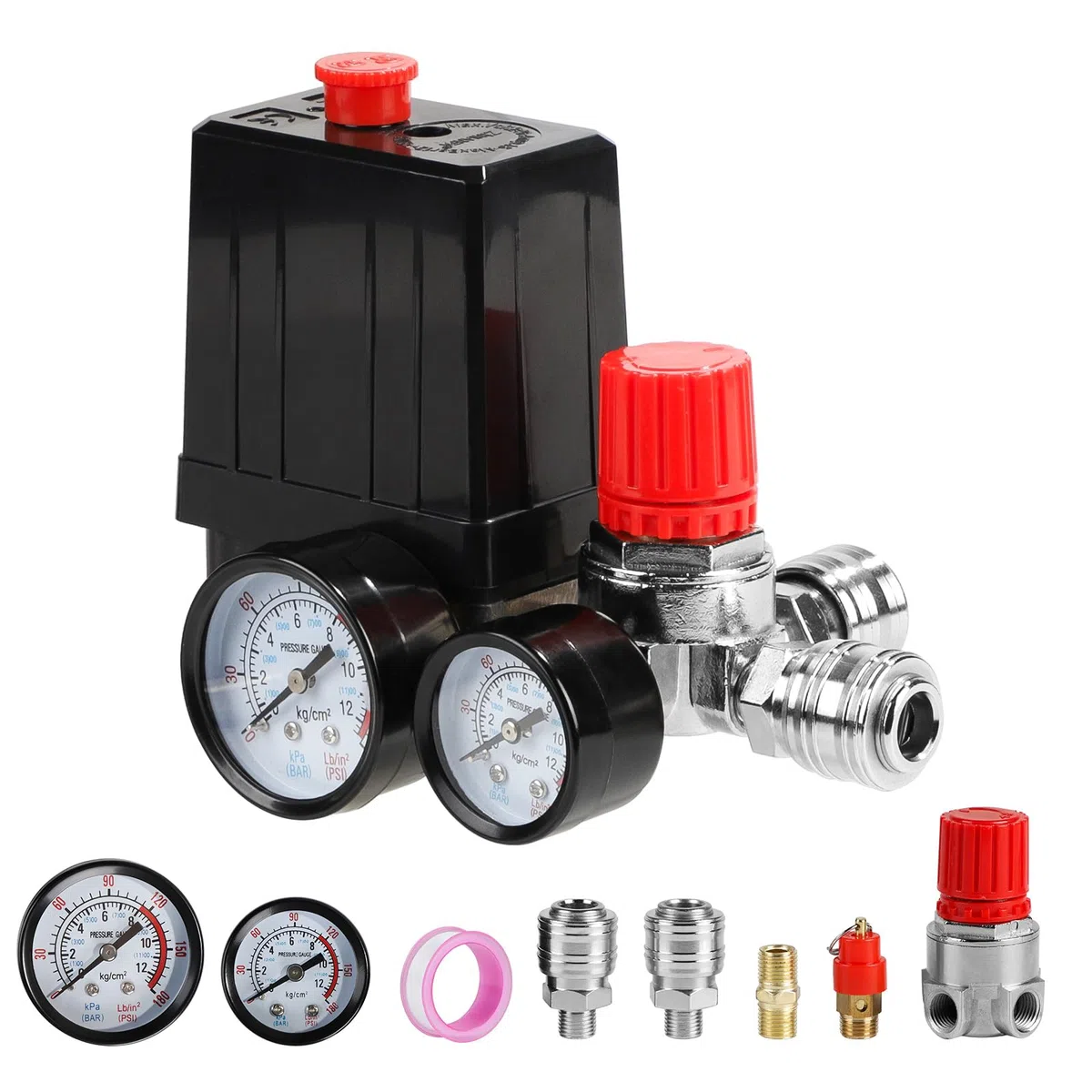 SWAWIS 220V Pressostato Compressore Aria 4 Fori Regolatore di Pressione per Compressore con Manometro Accoppiamenti Valvola di Sicurezza, 90-120PSI Ricambi Compressore Aria