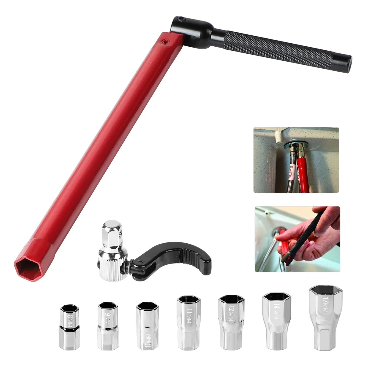 9 Chiave rubinetto lavello Chiavi per dadi dei rubinetti set 13 mm Chiave per rubinetto sottolavello Adattatore 8-17 mm strumento Chiave regolabile per lavabo per l'installazione dei rubinetti
