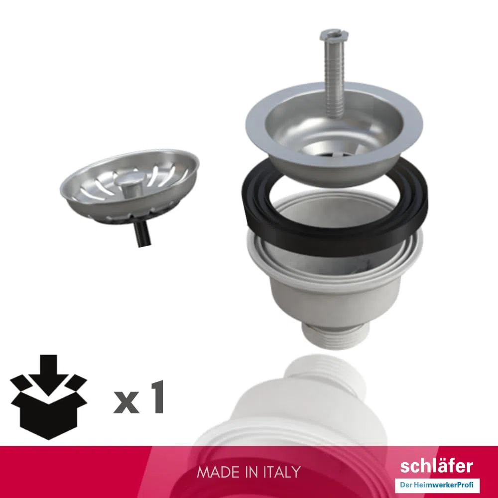 Schläfer 439726 | Piletta di Scarico per Lavello Tipo Basket Senza Troppo Pieno, Foro Ø 90mm, Pilettone Ø 114mm, Piletta Standard da 1"1/2 in Acciaio Inox con Vite e Cestello