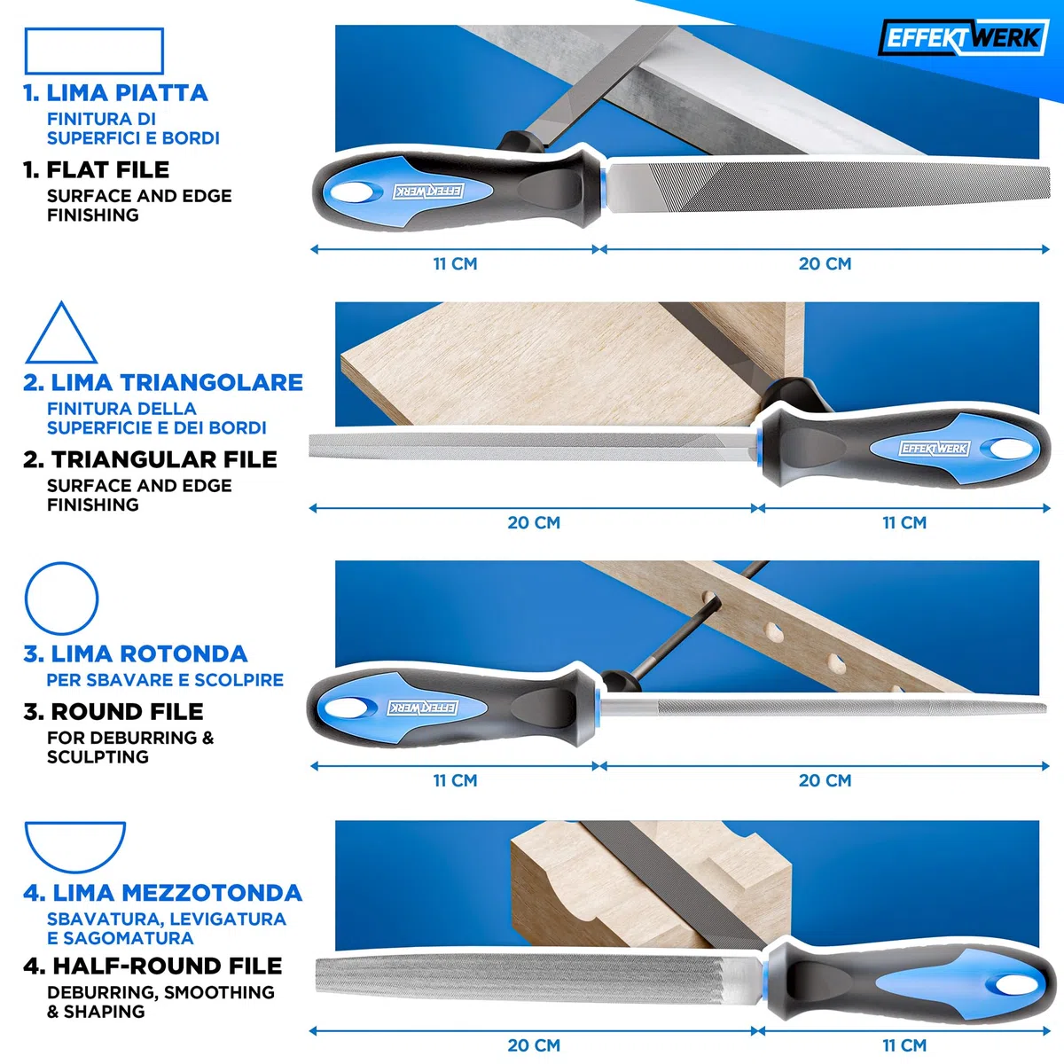 Set di lime - 21 pezzi - 4 lime grandi (tonda, mezza tonda, triangolare e piatta) - Spazzola metallica, raspa, custodia e 14 lime ad ago