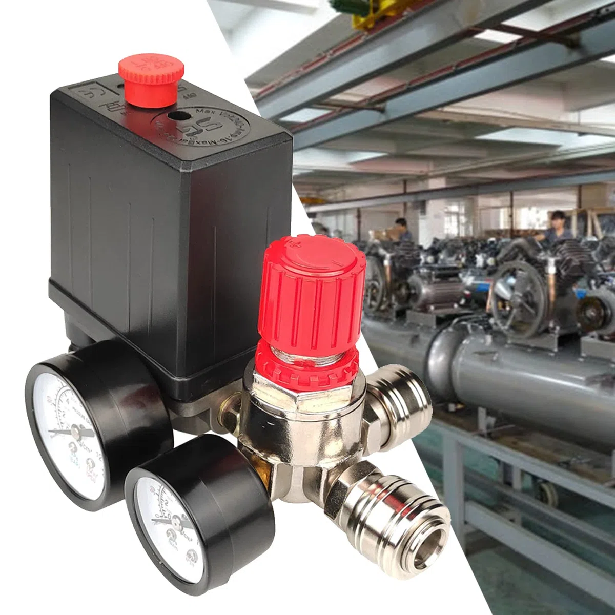 Pressostato per compressore ad aria, 220V valvola di controllo per compressore ad aria, pressostato compressore con valvola di sicurezza e manometro, 6,2~8,3 bar per regolazione della pressione